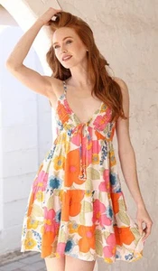 Angie Women's Plunge V Tie Tiered Floral Boho Mini Dress Sz Small - NEW - Picture 1 of 7