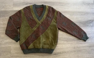 Vintage 80’s SUEDE Angora WOLLE Opa V NECK Aztec AVANT GARDE Cosby Sweater L 🔥 - Bild 1 von 8
