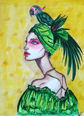 Niña Mujer con Loro Pintura Original Arte Pintado a Mano 8x6"" Foto 1 de 3