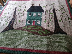 Alfombra de arte popular enganchada vintage casa sauces acentos Chenoa IL Americana - Imagen 1 de 12