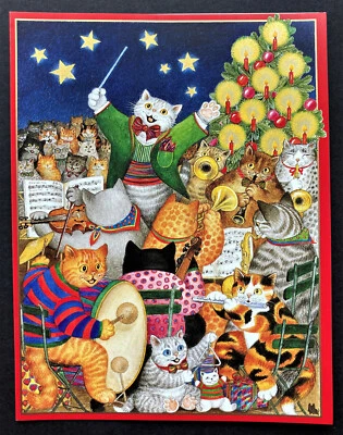 *UNO* Caspari Cat Band Tarjeta de Navidad Cantando Gris Naranja Gisela Buomberger 1 Foto 1 de 3