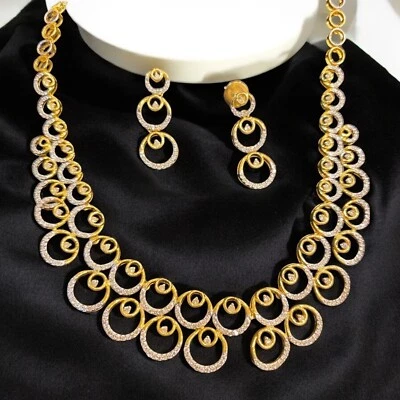 Pave 2.55 Cts Round Brilliant Cut Diamonds Necklace Earrings Set 14K Yellow Gold - Image 1 of 4