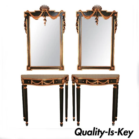 Pair French Neoclassical Style Black Gold Console Tables & Mirrors Jansen Style Cover