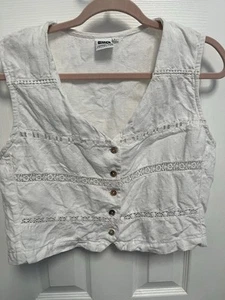 Johnny Was Linen Button Down White Vest Floral Embroidery Size Large - Picture 1 of 12