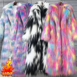 Abrigo largo de invierno cálido para mujer peludo de piel sintética mullido mezclado de colores prendas de abrigo - Imagen 1 de 37