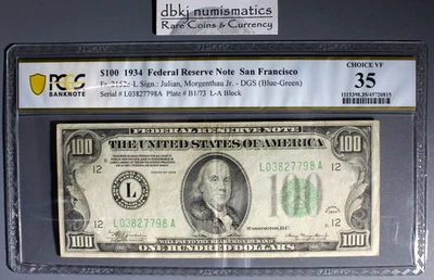 1934 $100 Federal Reserve Note FRN San Francisco FR 2152 a-L Choice Very Fine 35 - Image 1 of 3
