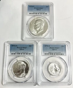 1976 S Silver Set PCGS Graded MS 67 Complete Uncirculated 3 Coin Set $1 50c 25c - Picture 1 of 12