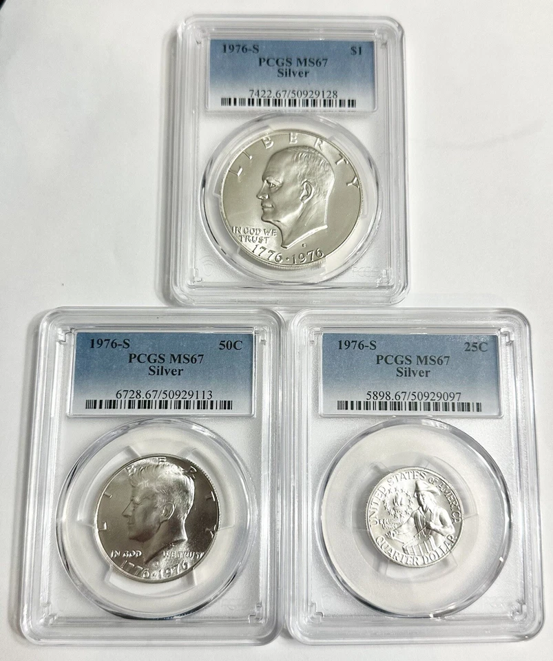 1976 S Silver Set PCGS Graded MS 67 Complete Uncirculated 3 Coin Set $1 50c 25c - Image 1 of 4