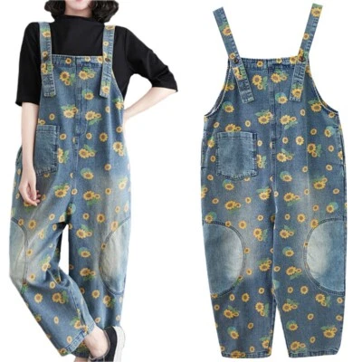 Damen Sonnenblume Bedruckt Denim Latzhose Overall Lätzchen Hose Jeans Freizeit - Bild 1 von 4