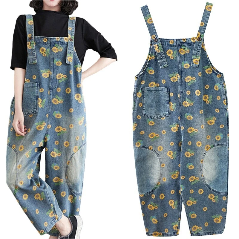 Damen Sonnenblume Bedruckt Denim Latzhose Overall Lätzchen Hose Jeans Freizeit - Bild 1 von 4