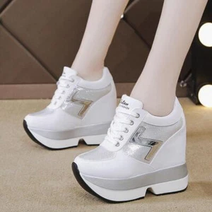 Women Lace Up Wedge Hidden Heels Platform Sneakers Creepers Sequins Sport Shoes - Picture 1 of 20
