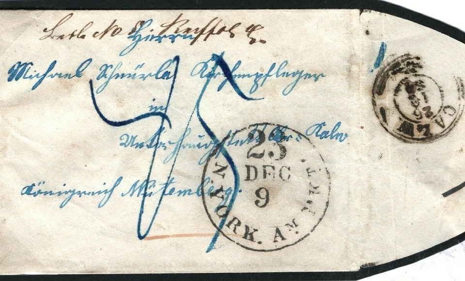 USA Transatlantic Cover 1856 GERMAN STATES *Calw* CHRISTMAS DAY Delivery 31.5 - Image 1 of 4