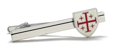Crusaders Shield Tie Clip Jerusalem Cross Cut White and Red Enamel Design Silver - Image 1 of 4