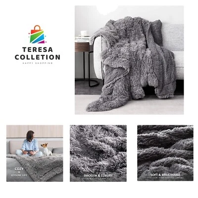 Super Soft Fuzzy Fur Blanket - Queen Size 60x80 - Reversible Sherpa - Grey - Image 1 of 4