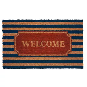 Kate Aurora Nantucket Coastal Striped Navy Welcome Coir Outdoor Welcome Mat - Picture 1 of 3