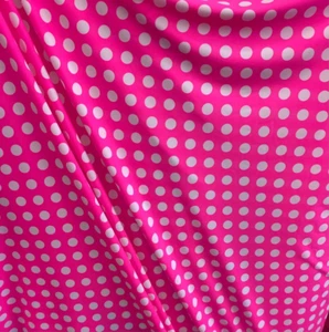 White polka dot on pink poly 4way stretch Spandex fabric dancewear swimwear - Picture 1 of 1