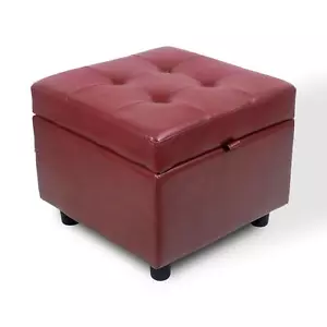 Red Tufted Leather Square Flip Top Storage Ottoman Cube Foot Rest with Storage - Picture 1 of 10