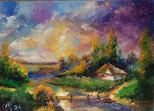 Cuadro "Cabaña junto al río". Tablero duro, aceite. 5x7 inc. Hecho a mano. 2024. Sin marco. - Imagen 1 de 1