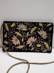 VTG Zardozi Handmade Velvet Evening Purse Clutch Wire Gemstones Floral Colorful - Picture 1 of 16