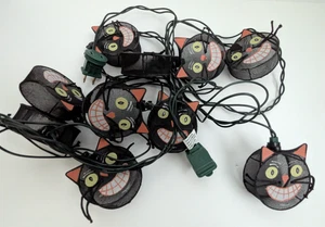 Primitive lächelnde Katzengesicht Lichterkette 10 beleuchtete Gesichter 8' Kordel Halloween - Bild 1 von 8