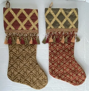 2 Medias de Navidad de satén brocado tapiz dorado rojo verde vintage borla cuentas - Imagen 1 de 14