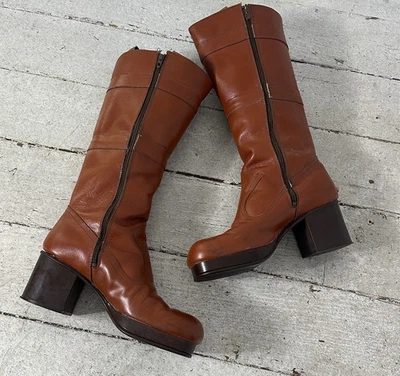 Vintage 70s Block Heel Disco Leather Boots 7.5 - Image 1 of 4