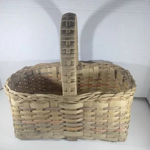 Vintage Splint Eschenholzgriff rechteckig hellbraun rosa Handarbeit Korb rustikal Landhaus  - Bild 1 von 18
