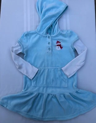 Gymboree Snowman velour double sleeve hoodie dress, ice blue, Size 5, VGUC - Image 1 of 4