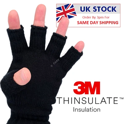 Black Thermal Knitted 3M Thinsulate Fingerless Gloves Mens Ladies Adults Warm