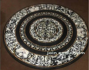 48" x 48" black Marble Table Top dining coffee inlay Pietra Dura mop design - Picture 1 of 3