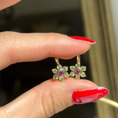 Estate Mini 14KT Yellow Gold Floral Peridot and Garnet Lever Back Drop Earrings - Image 1 of 4