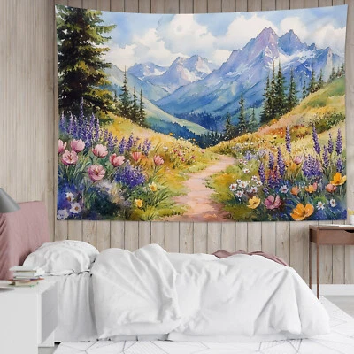 Tapiz de montaña bosque verde lavanda púrpura para dormitorio sala dormitorio Foto 1 de 4