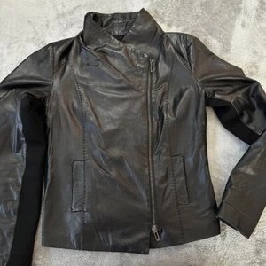 Vince 100% Lambs Leather Black Moto Jacket Women's LARGE Knit Sleeves - Picture 1 of 10