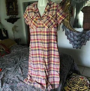 Vintage 70s Dress Plaid Short Sleeve Midi Pink Red Yellow Blue Button Up Pockets - Picture 1 of 14