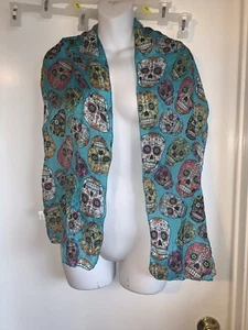 Sugar Skull Scarf Teal Wrap Halloween Skeleton Preowned - Picture 1 of 5