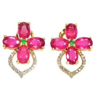 925 STERLING SILVER FLOWER EARRING GENUINE RED RUBY & GREEEN EMERALD GEMSTONE - Picture 1 of 6