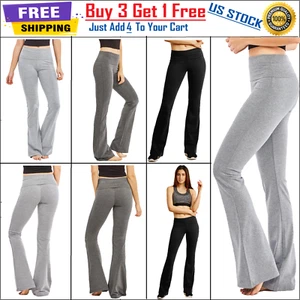 Yoga Pants Wide Waist Band Soft Stretchy Cotton Flare Bottom Gym Workout Women - Picture 1 of 22