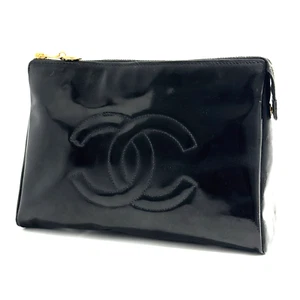 CHANEL Cosmetic Pouch Enamel Patent Leather Black CC Mark Authentic - Picture 1 of 24