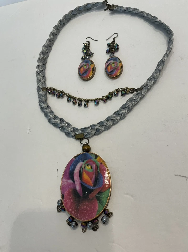 Frida Kahlo Portrait Handmade Earring & Necklace Silk Thread Oval Two Sided - Image 1 of 1