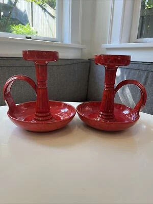 Pair Of Aldo Londi Bitossi Chamberstick Candle Holder Rimini Red - Repaired READ - Image 1 of 4
