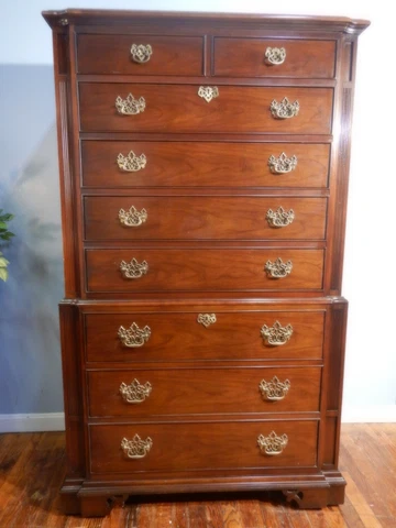 Thomasville Solid Cherry 10 drawer Chippendale Style Chest on Chest circa 1974 Cover