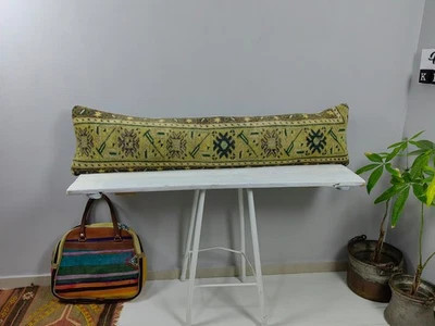 12x48 Kilim Lumbar Pillow, Green Wool Cushion, Turkish Bolster Home Decor - Image 1 of 4