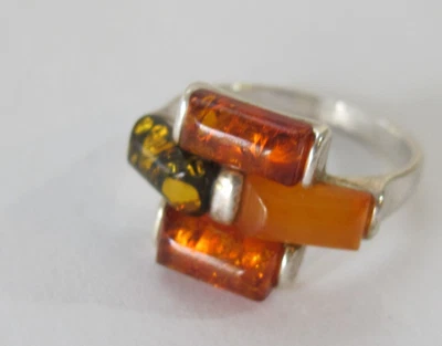 925 Solid Sterling Silver Band Multicolor Amber Cabochon Size 6.5 Ring C2 - Image 1 of 4