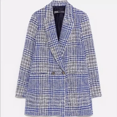 Zara Tweed Bouclé Checkered Blazer Blue Small S – Chanel Style Elegant Jacket - Image 1 of 2