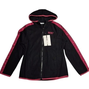 Dkny Sport Black Pink Fleece Jacket Girls Size 10-12 - Warm Hooded Outerwear - Picture 1 of 8
