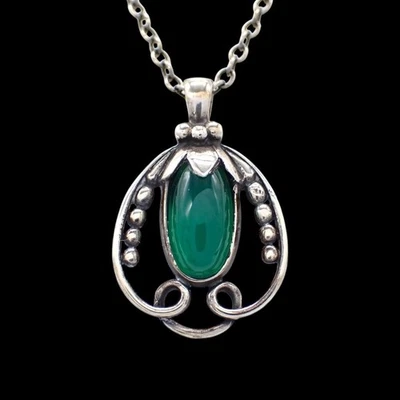 Georg Jensen Año 1990 Colgante Ágata Verde Collar Plata de Ley 17.3 pulgadas Foto 1 de 4