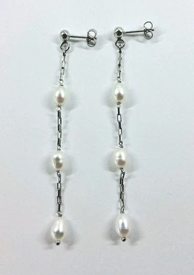  ORECCHINI PENDENTI IN ARGENTO 925 CON PERLE BAROCCHE BIANCHE A CHICCO DI RISO - Immagine 1 di 4