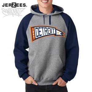 Detroit Vintage Baseball Pennant Navy Jerzees Raglan Hoodie - Tigers Mlb Hooded - Picture 1 of 3