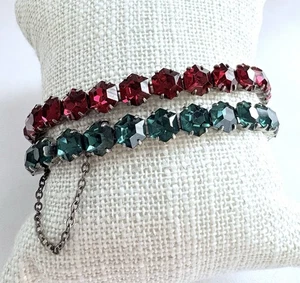 2 Sterling Silber ART DECO Weihnachten rot & grün Sechseck Strass Armbänder - Bild 1 von 24