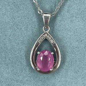 925 sterling silver necklace pink sapphire zircon gemstone pendant Gemporia 17'' - Picture 1 of 11
